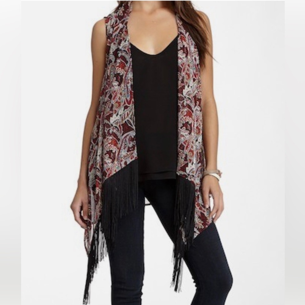 West Kei Open Front Sleeveless Sheer Fringe Paisley Print Vest